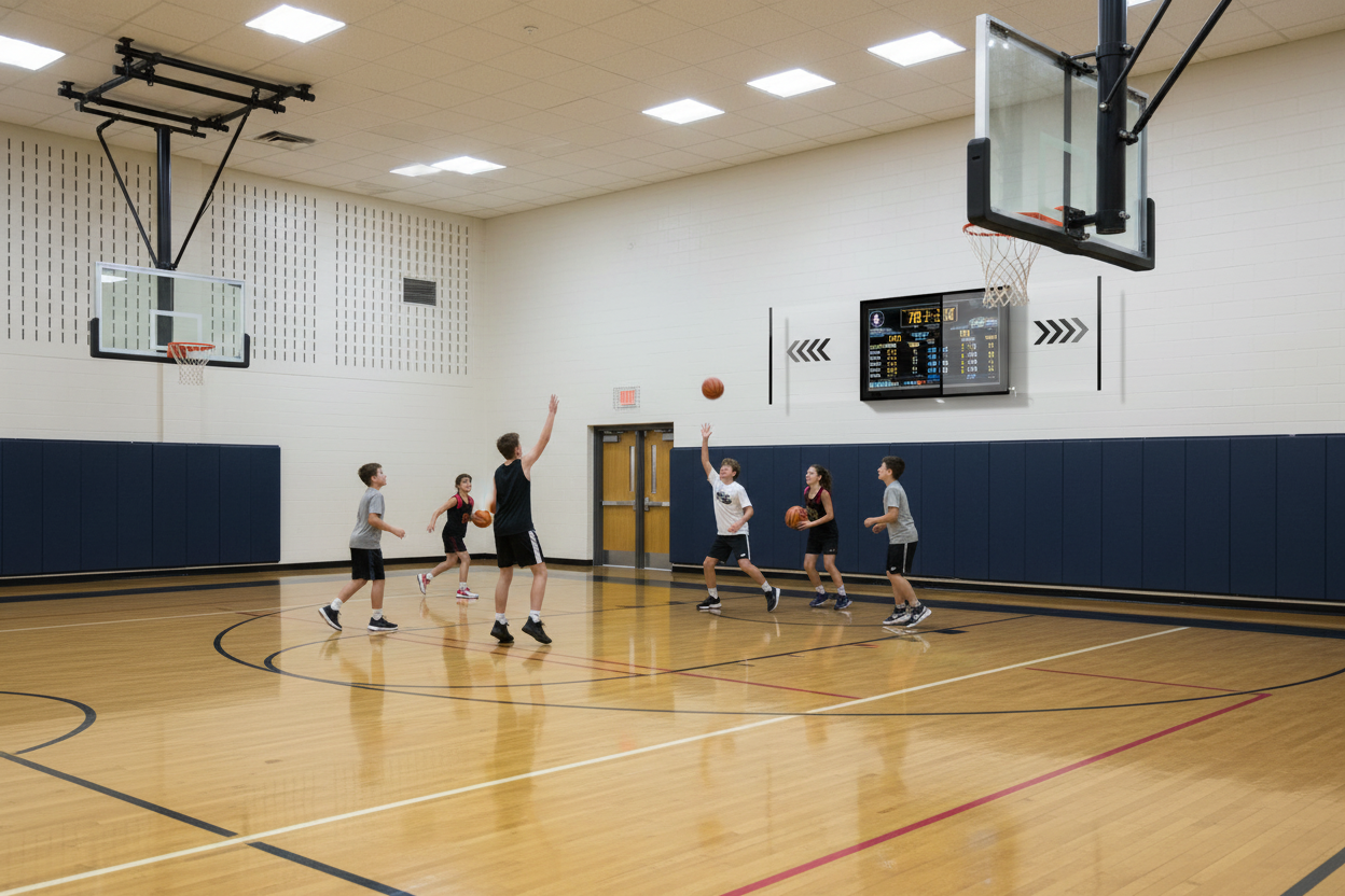 Wall-mounted TV cabinet installed in a school gymnasium, protecting the display during indoor basketball activities and ensuring safe, clear visibility for students and staff