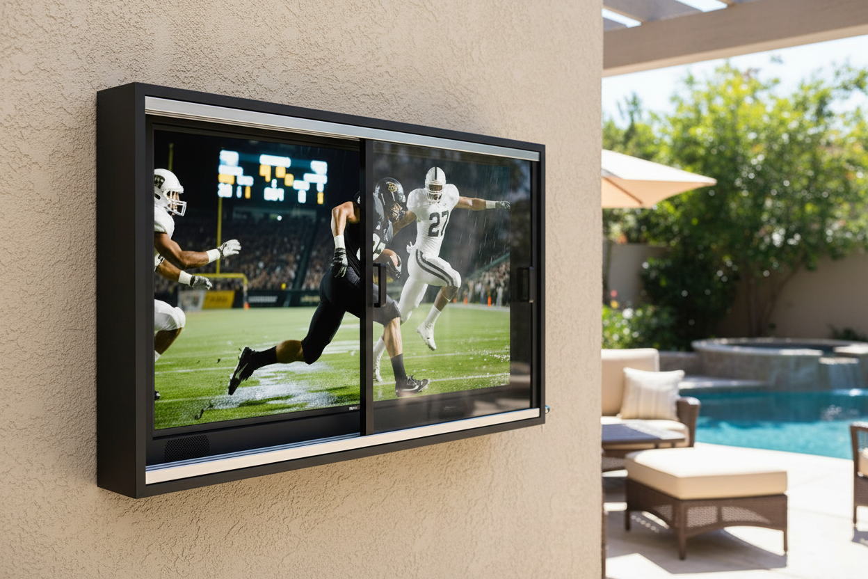 Weatherproof outdoor TV cabinet with double sliding door design installed on backyard patio, protecting TV from extreme heat and weather