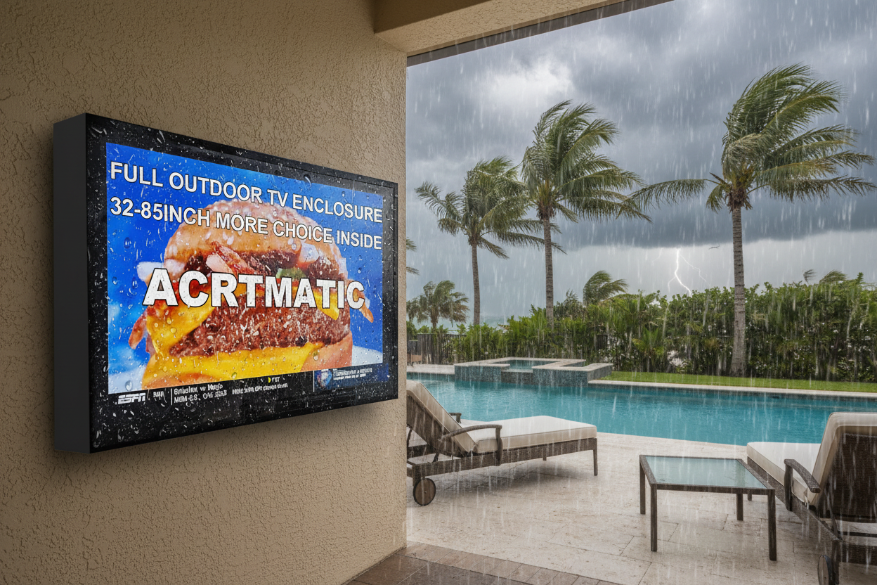 Alt文本: Weatherproof outdoor TV enclosure protecting television during Florida hurricane with heavy rain and strong winds on coastal patio