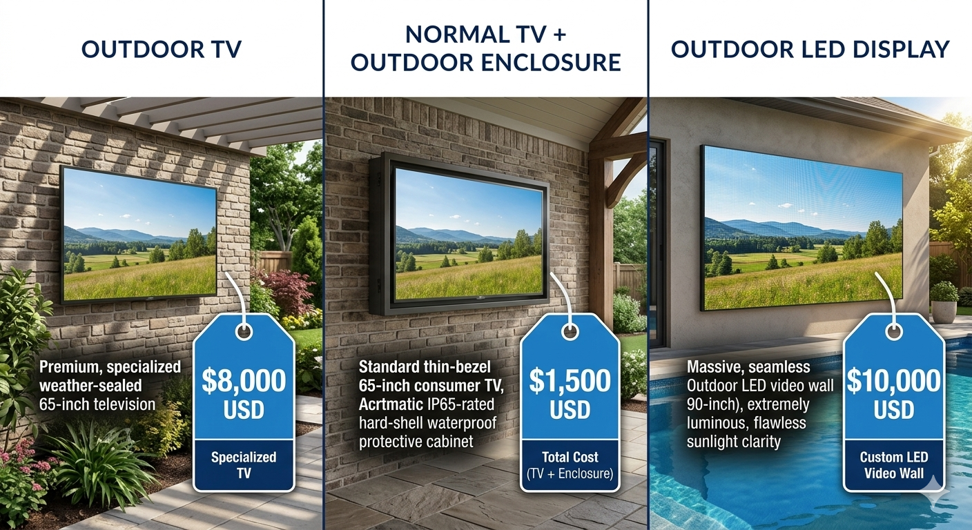 Normal TV + Enclosure vs. Outdoor TV vs. Outdoor LED Display: The Ultimate 2026 Comparison Guide