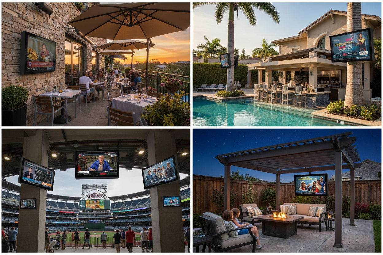 Commercial outdoor TV enclosure installations in restaurant patio, poolside, and sports venue settings
