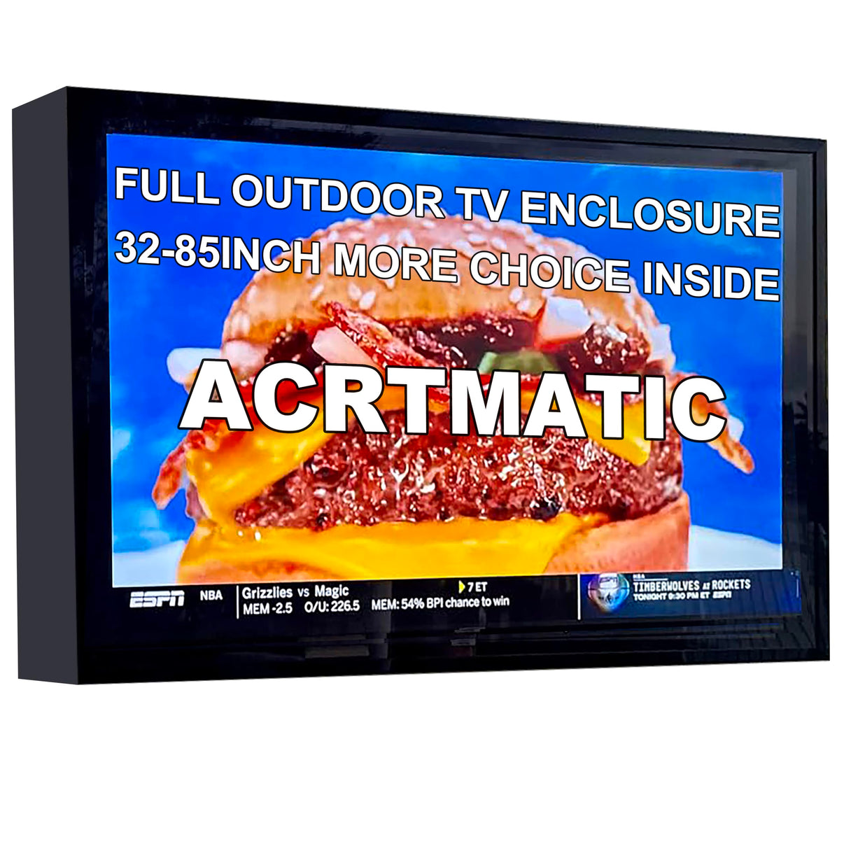 Acrtmatic universal outdoor TV enclosure for 32 to 85 inch screens, featuring a weatherproof protective case with a clear anti-glare front panel.