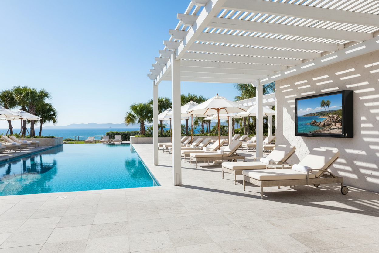 A sleek Acrtmatic outdoor TV enclosure mounted on a white textured wall under a modern pergola at a luxury beachfront pool. The weatherproof case protects the television from salt air and sun glare, providing a high-end cinema experience for poolside loungers with an ocean view.